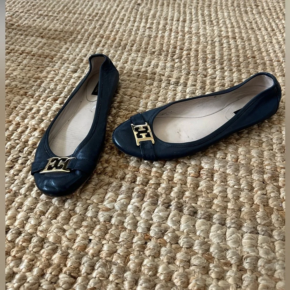 Escada Blue and Gold Flats with Elegant Gold Embellishment Size 39